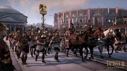 HD PC desktop wallpaper featuring Roman soldiers and cavalry marching in front of the Colosseum, inspired by the video game Total War: Rome II.