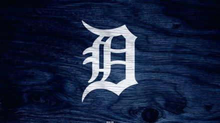 Detroit Tigers logo in white on a textured dark blue wooden background, designed as an HD PC desktop wallpaper and background for sports fans.