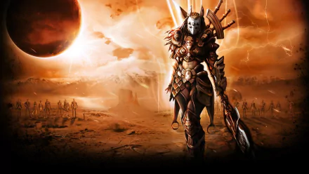 HD PC desktop wallpaper featuring a fierce armored warrior from the video game Shaiya, set against a fiery, desolate battlefield with a blood-red sun.