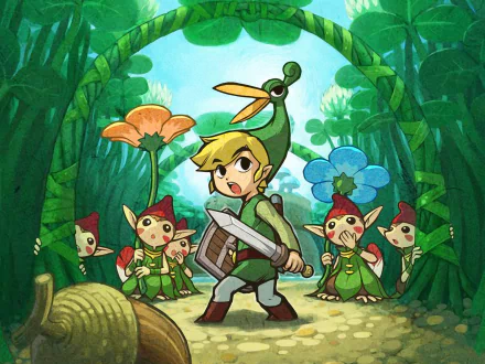 Colorful 4K Ultra HD wallpaper from The Legend of Zelda: The Minish Cap, featuring Link in a vibrant forest with curious creatures and oversized flowers.