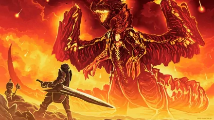 HD PC desktop wallpaper featuring an intense fiery battle scene from the video game Monster Hunter 3 with a warrior confronting a massive dragon.