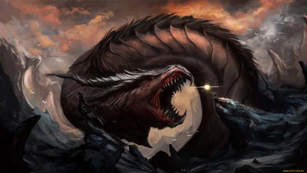 HD fantasy desktop wallpaper of a colossal coiled dragon on jagged cliffs, mouth agape shooting a blinding beam at a tiny lone figure beneath stormy, ember-lit skies.