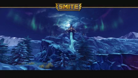 HD PC desktop wallpaper featuring a snowy mountainous landscape with a glowing sword embedded in rock from the video game Smite.