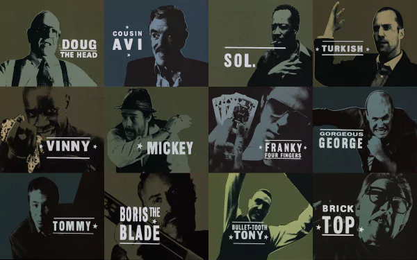 HD PC desktop wallpaper showing a stylized grid of character portraits from the movie Snatch, each panel labeled with names, in moody cinematic green and blue tones.