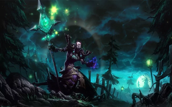 A captivating fantasy scene featuring a wizard wielding a mystical staff, surrounded by an eerie forest illuminated by green sparks, serving as a stunning HD desktop wallpaper.