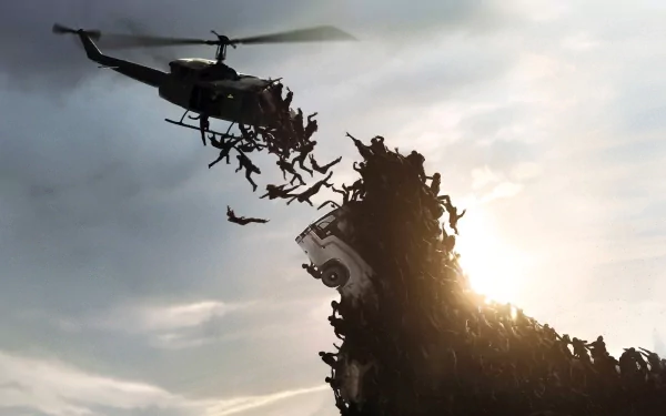 HD PC desktop wallpaper from the World War Z movie showing a helicopter hovering as a massive swarm of zombies climbs toward it against a cloudy sky backdrop.