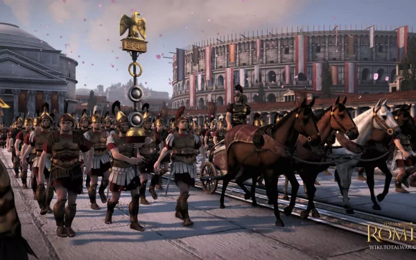 HD PC desktop wallpaper featuring Roman soldiers and cavalry marching in front of the Colosseum, inspired by the video game Total War: Rome II.