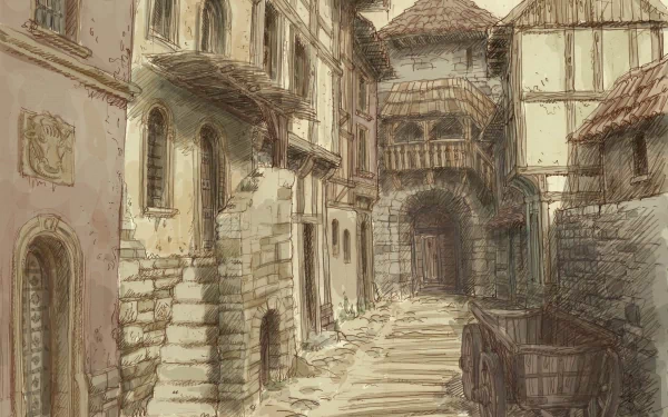 Artistic painting of a rustic, narrow medieval street with stone and timber buildings, rendered in detailed 4K Ultra HD for a PC desktop wallpaper background.