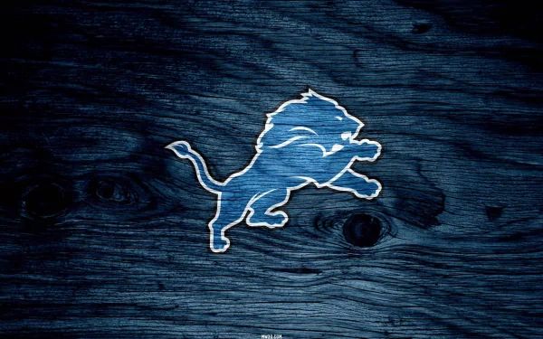 HD desktop wallpaper featuring the Detroit Lions logo in blue on a dark wooden textured background, representing the Detroit sports team.