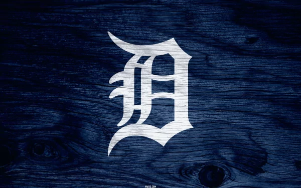 Detroit Tigers logo in white on a textured dark blue wooden background, designed as an HD PC desktop wallpaper and background for sports fans.