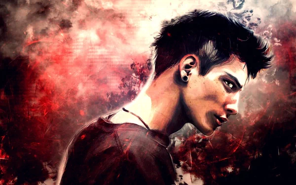 HD PC desktop wallpaper featuring a stylized portrait of a character from the video game DmC: Devil May Cry against a smoky, red and gray background.
