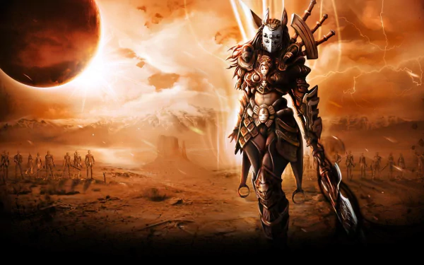 HD PC desktop wallpaper featuring a fierce armored warrior from the video game Shaiya, set against a fiery, desolate battlefield with a blood-red sun.