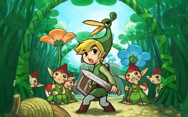 Colorful 4K Ultra HD wallpaper from The Legend of Zelda: The Minish Cap, featuring Link in a vibrant forest with curious creatures and oversized flowers.