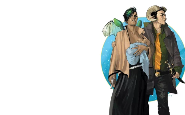 A captivating comic saga illustration featuring two characters against a vibrant blue background, designed as a high-definition PC desktop wallpaper and background.