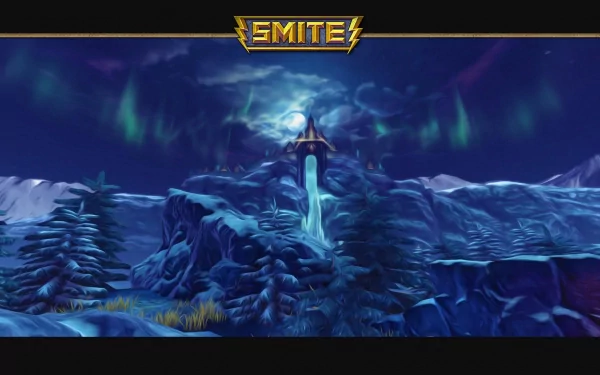 HD PC desktop wallpaper featuring a snowy mountainous landscape with a glowing sword embedded in rock from the video game Smite.