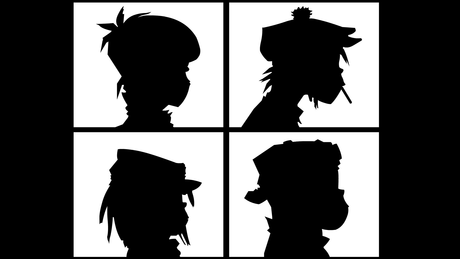 HD PC desktop wallpaper featuring black silhouettes of the four Gorillaz band members in a minimalist grid design, representing the music group.