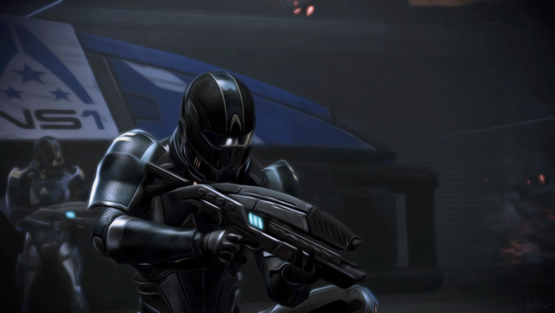 Mass Effect 3 video game 2K Quad HD PC desktop wallpaper: a dark-armored soldier in a sleek helmet aims a rifle in a moody, dimly lit hangar background.