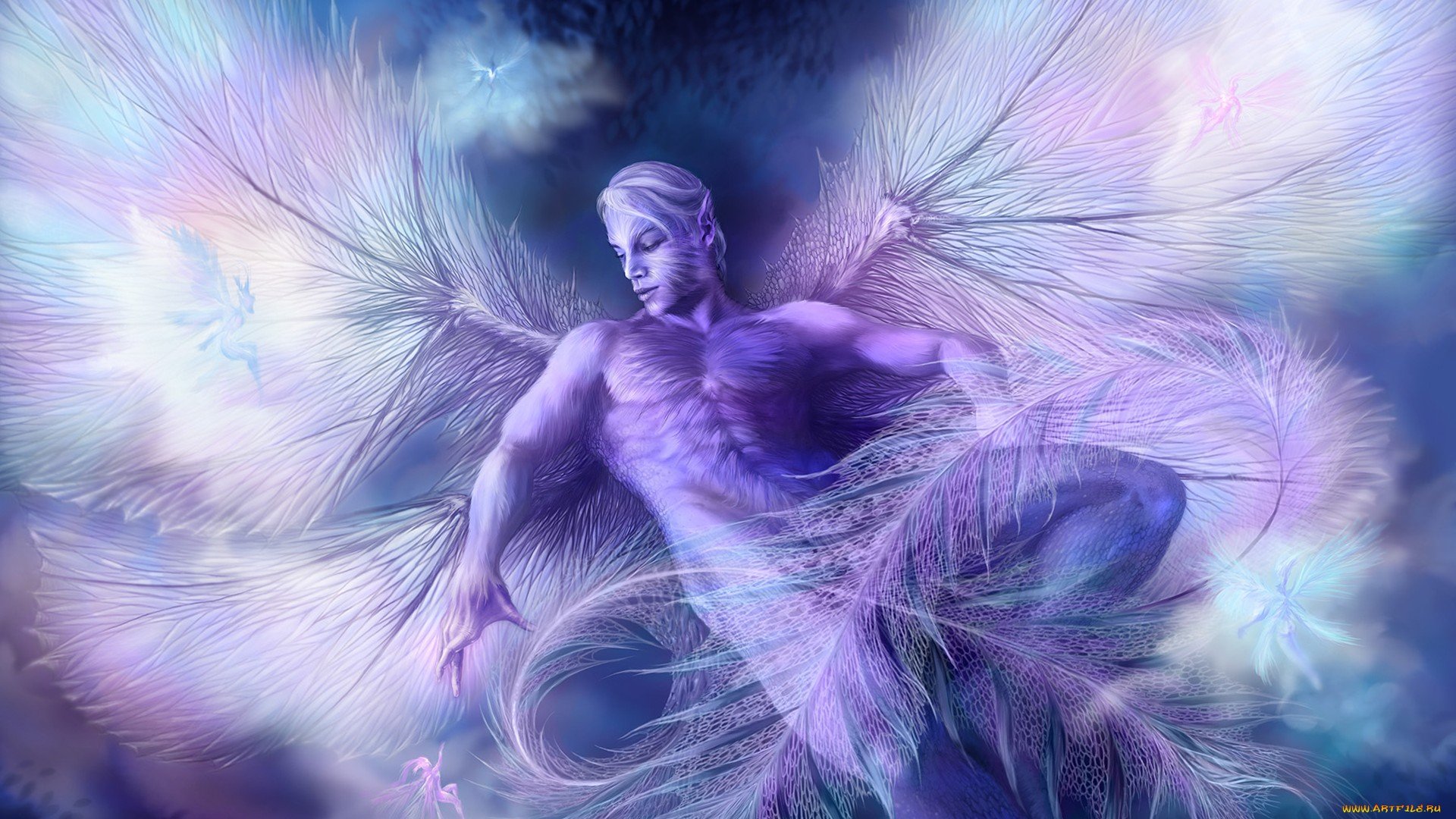 HD PC desktop wallpaper/background: fantasy angel — a muscular ethereal figure with translucent wings in lavender-blue light, floating through clouds and luminous mist.
