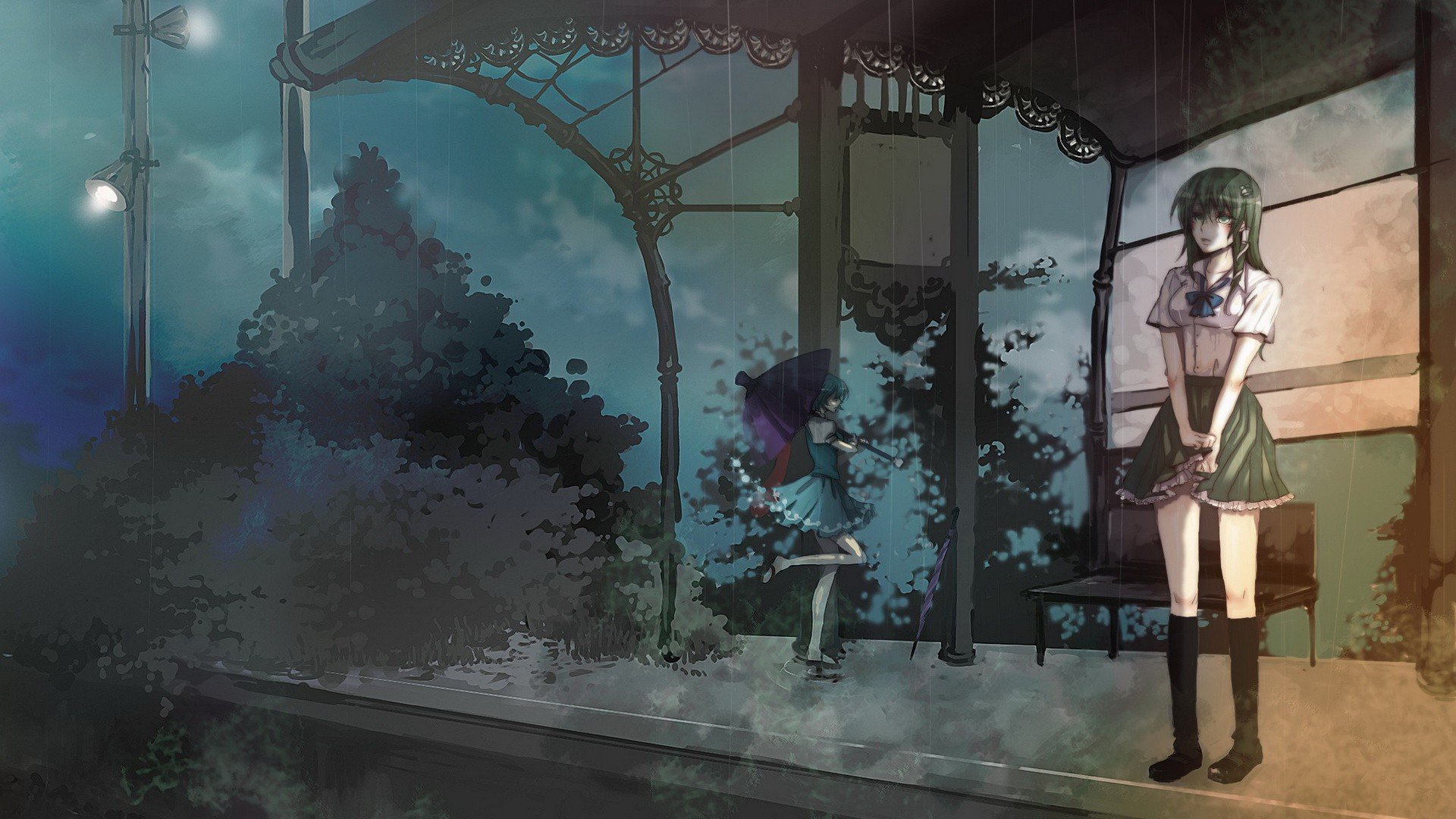 Touhou HD PC desktop wallpaper showing Sanae Kochiya and Kogasa Tatara at a rainy, lamplit bus stop in anime style.