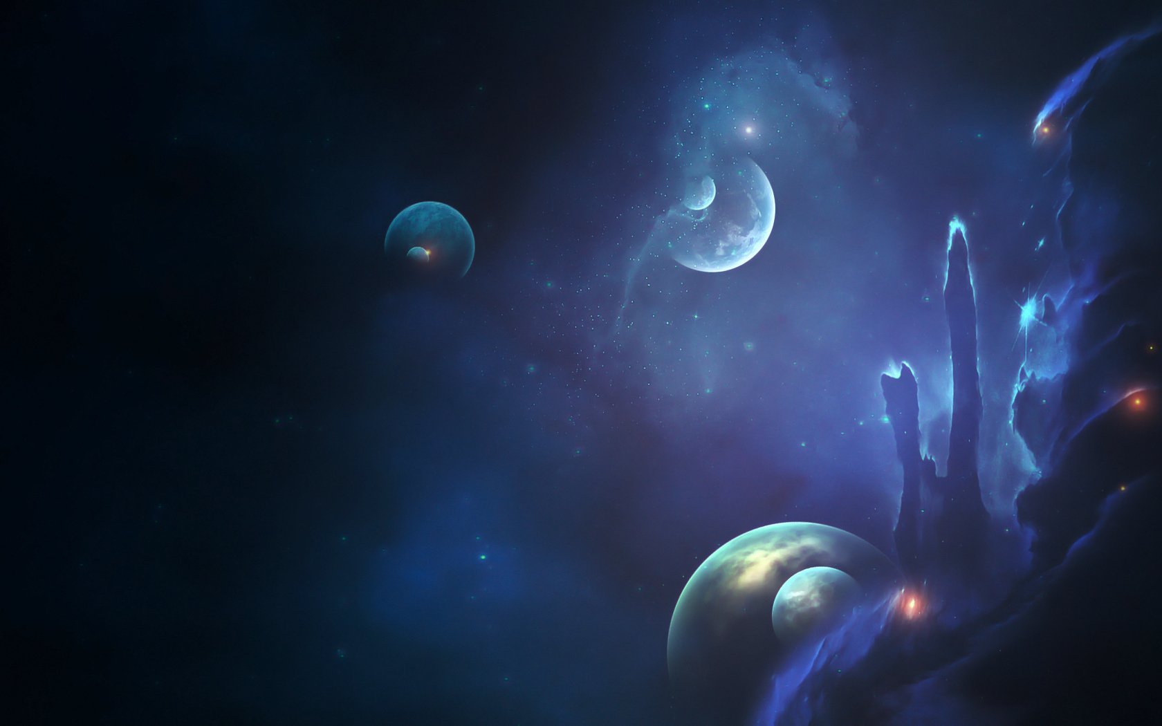 HD PC desktop wallpaper featuring a sci-fi space scene with glowing planets, nebulae, and cosmic clouds in deep blue and purple hues.