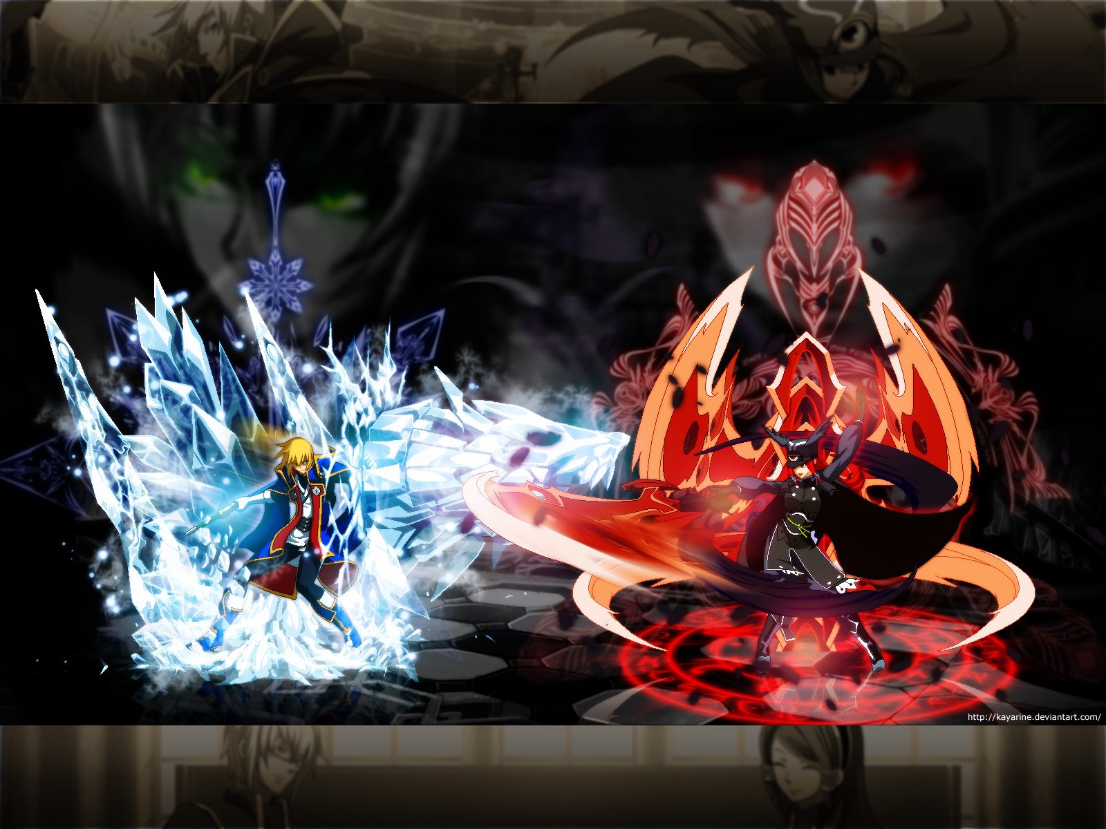 HD anime desktop wallpaper featuring an intense duel between two BlazBlue characters, one surrounded by ice shards and the other engulfed in fiery red energy.