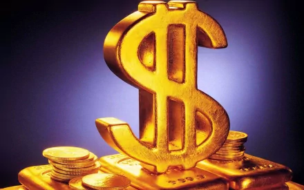 A striking HD desktop wallpaper featuring a shiny gold dollar sign surrounded by gold coins and bars, set against a dark blue background, embodying wealth and luxury.