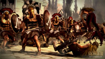 Epic battle scene from the video game Total War: Rome II, rendered in 8K Ultra HD, showcasing ancient warriors clashing in intense combat on a detailed PC desktop wallpaper.
