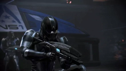 Mass Effect 3 video game 2K Quad HD PC desktop wallpaper: a dark-armored soldier in a sleek helmet aims a rifle in a moody, dimly lit hangar background.