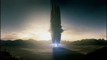 HD PC desktop wallpaper from the video game Mass Effect 2 showcasing a towering, glowing structure in a dark, vast landscape at dusk.