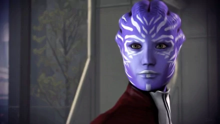 HD PC desktop wallpaper featuring a close-up of a purple-skinned female character from the video game Mass Effect 3.