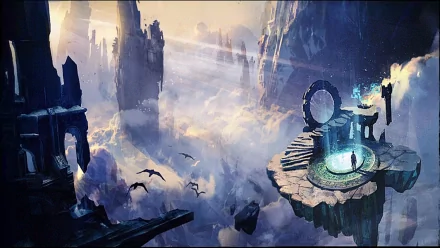 HD PC desktop wallpaper featuring a dramatic floating island with a glowing portal and towering cliffs from the video game Guild Wars 2.