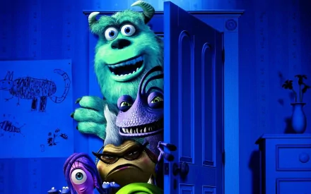 Randall Boggs, James P. Sullivan, and other characters from *Monsters University* peek through a door in this vibrant HD wallpaper, showcasing their playful personalities.