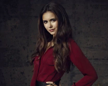 HD desktop wallpaper featuring celebrity Nina Dobrev, showcasing her in a striking pose with a confident expression, dressed in a red top against a textured background.