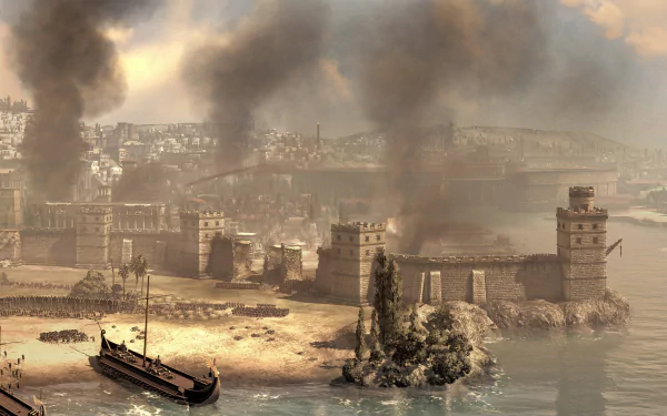 HD desktop wallpaper from the video game Total War: Rome II, depicting a detailed coastal siege scene with ships and smoke rising over ancient fortress walls.