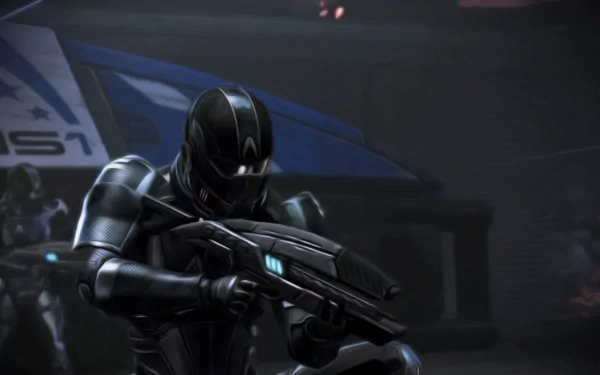 Mass Effect 3 video game 2K Quad HD PC desktop wallpaper: a dark-armored soldier in a sleek helmet aims a rifle in a moody, dimly lit hangar background.