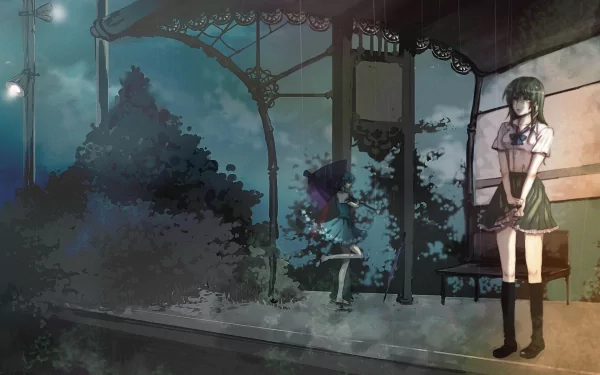 Touhou HD PC desktop wallpaper showing Sanae Kochiya and Kogasa Tatara at a rainy, lamplit bus stop in anime style.