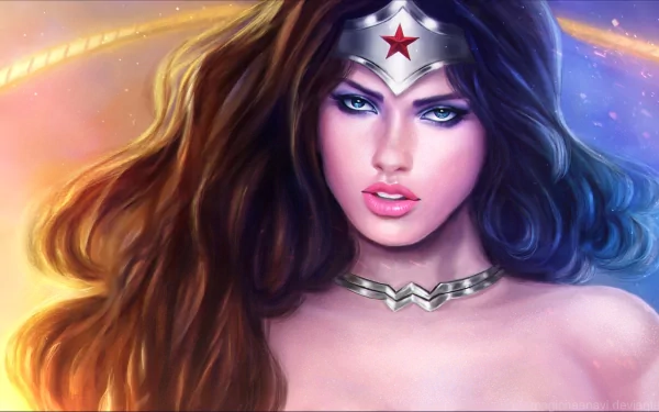 A striking HD desktop wallpaper featuring Wonder Woman, depicted with vibrant colors, flowing hair, and a confident expression, capturing her iconic essence from the comic world.