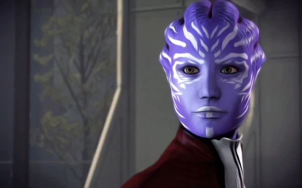 HD PC desktop wallpaper featuring a close-up of a purple-skinned female character from the video game Mass Effect 3.