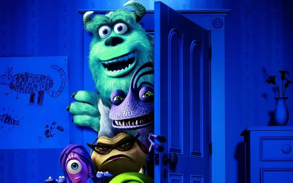 Randall Boggs, James P. Sullivan, and other characters from *Monsters University* peek through a door in this vibrant HD wallpaper, showcasing their playful personalities.