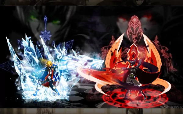 HD anime desktop wallpaper featuring an intense duel between two BlazBlue characters, one surrounded by ice shards and the other engulfed in fiery red energy.