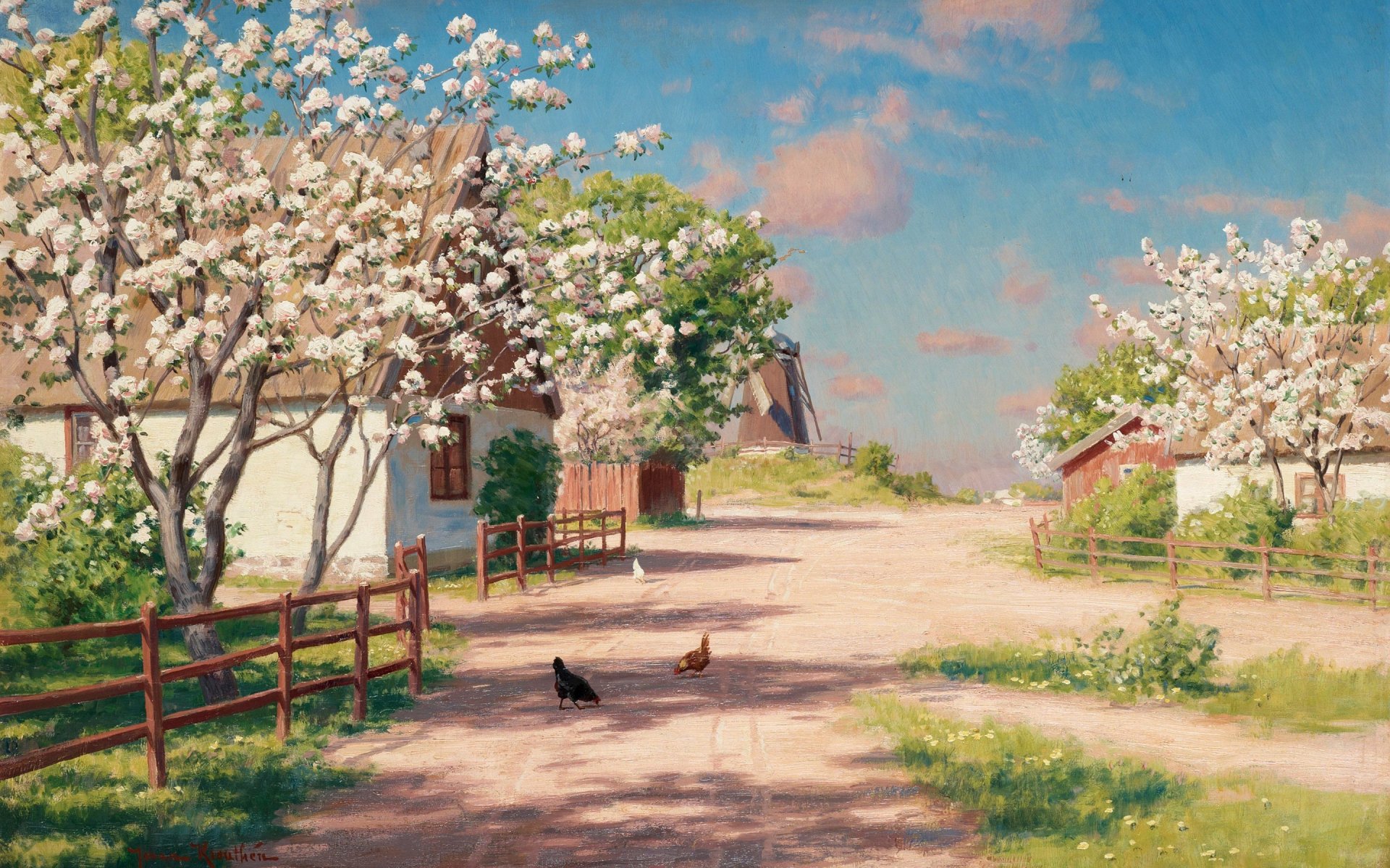 A vibrant HD desktop wallpaper featuring a picturesque landscape with blooming trees, quaint cottages, and a dirt path, creating a serene and artistic rural scene.