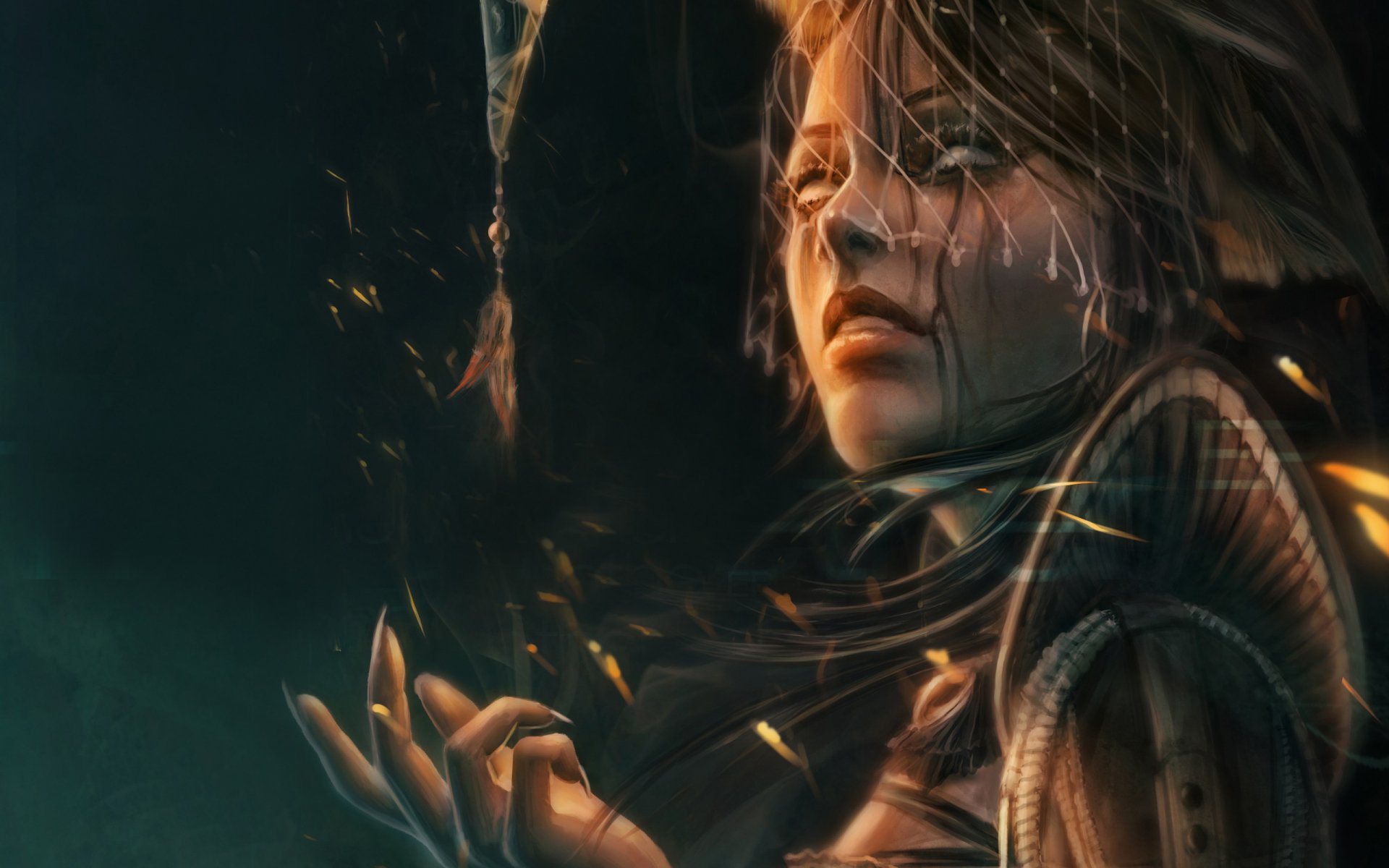 HD fantasy PC desktop wallpaper featuring a mysterious witch with flowing hair, casting a spell amidst glowing embers in a dark, enchanted atmosphere.