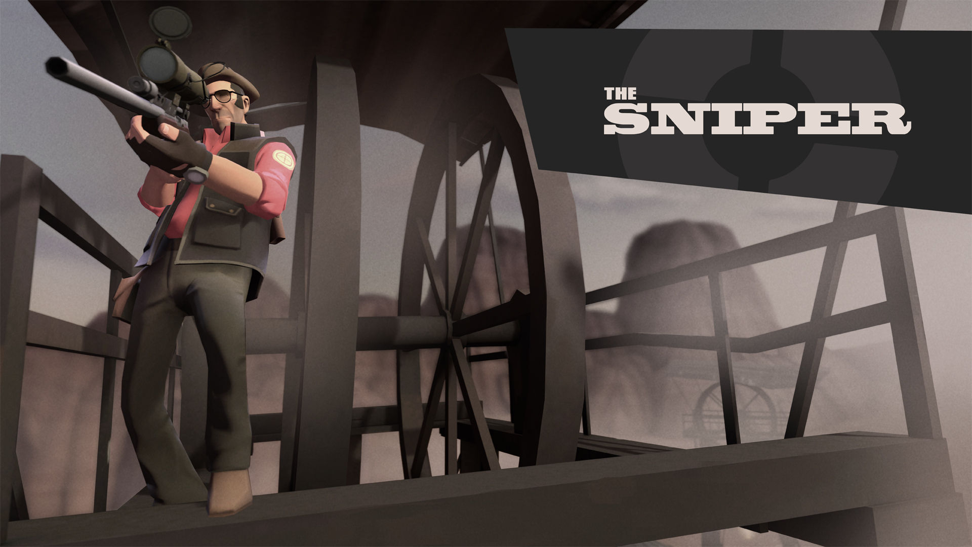 Team Fortress 2 sniper from the video game, aiming a rifle on an industrial catwalk in muted tones — HD PC desktop wallpaper and background.