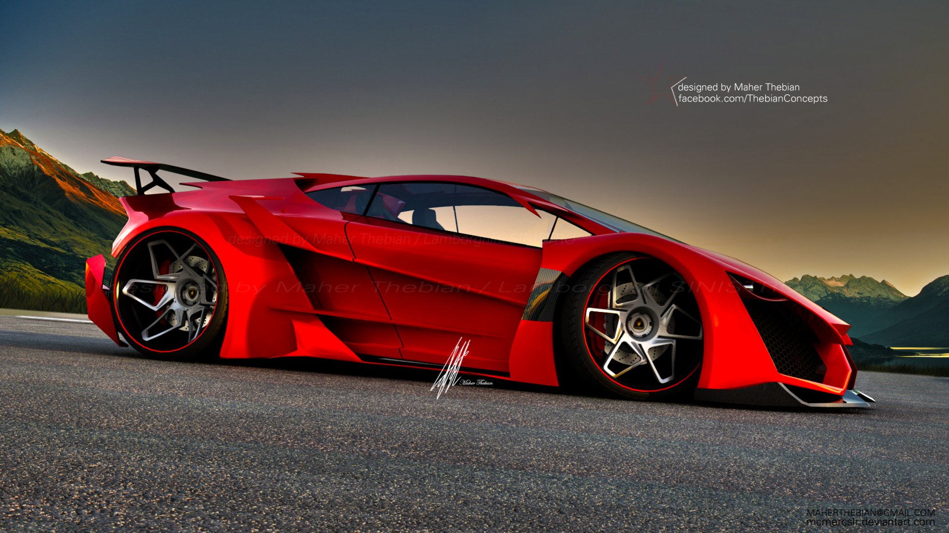 HD desktop wallpaper featuring a striking red Lamborghini Sinistro Concept car parked on asphalt with a sunset sky in the background.