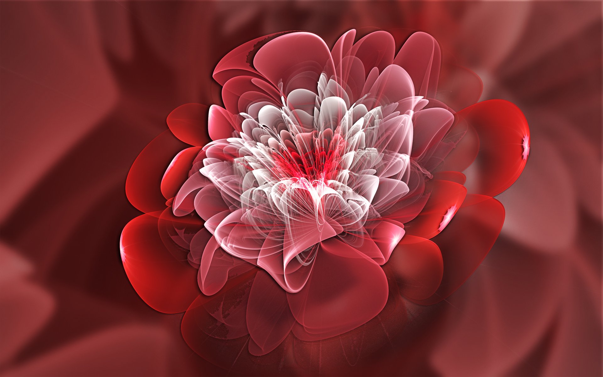 An intricate abstract fractal design featuring a vivid flower in shades of red and white, serving as an HD PC desktop wallpaper and background.