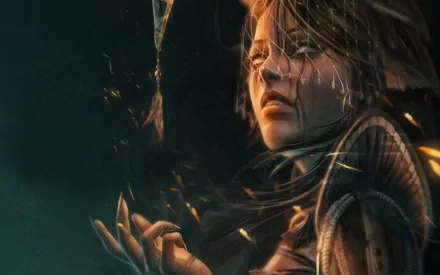 HD fantasy PC desktop wallpaper featuring a mysterious witch with flowing hair, casting a spell amidst glowing embers in a dark, enchanted atmosphere.