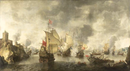 Artistic painting of a historic naval battle with sailing ships amid smoky skies, presented as a HD PC desktop wallpaper and background.