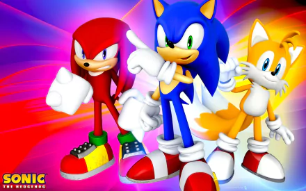 HD desktop wallpaper featuring Sonic the Hedgehog, Knuckles the Echidna, and Miles 'Tails' Prower from the video game Sonic & All-Stars Racing Transformed. The background showcases vibrant colors.