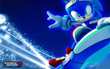 Sonic the Hedgehog in action on a futuristic board, featuring vibrant colors and dynamic streaks of light, from the video game Sonic Riders: Zero Gravity, designed as a HD PC desktop wallpaper.