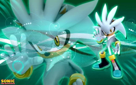 A vibrant HD wallpaper featuring Silver the Hedgehog from the video game Sonic the Hedgehog (2006), showcasing dynamic action and striking colors.